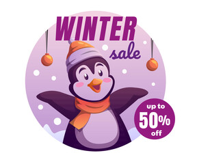 flat vertical winter sale poster template with Penguin