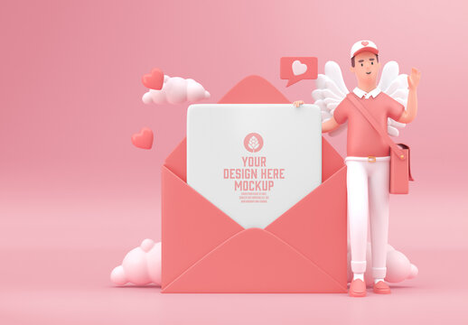 Valentine Postman with Open 3D Editable Envelope Mockup
