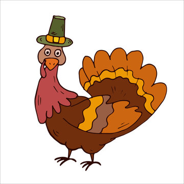 Turkey in hat Isolated. Thanksgiving day. Vector Illustration