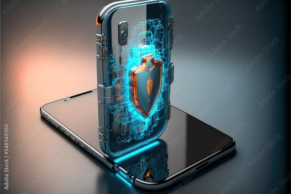 Poster web banner a smartphone with protection shield and padlock.secure internet connection, vpn, encrypti