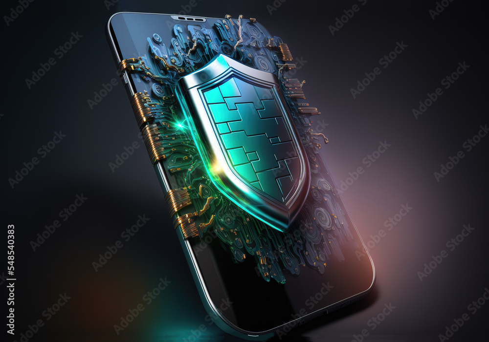 Poster web banner a smartphone with protection shield and padlock.secure internet connection, vpn, encrypti