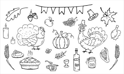 Thanksgiving set Doodle. Coloring page. Elements harvest. Vector illustration.