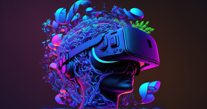 Metaverse concept and virtual world elements. Silhouette of a human face in augmented or virtual reality headset. 3d illustration