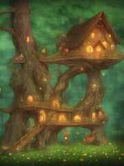 Fototapeta premium Cute fairy tree house hugge 3d illustration
