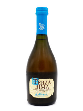 ROME, ITALY - NOVEMBER 23, 2022. Bottle of Terza Rima beer isolated on white background. Terza Rima is a top fermentation beer, which uses only carefully selected natural yeasts.