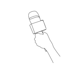 Continuous line drawing of hand holding microphone. microphone simple line art with active stroke.  Vocalist, podcast, broadcast and music concept.