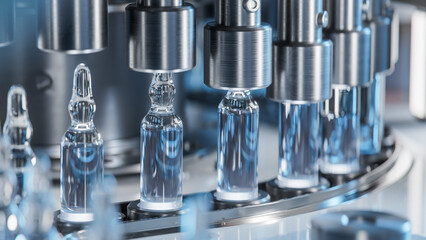 Macro Shot of Medical Ampoule Production Line at Modern Modern Pharmaceutical Factory. Glass...