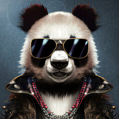 Cooler Rocker Panda mit Lederjacke, Sonnenbrille und Halskette, Illustration