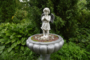 A wet statue of a little angel in the garden of a convent in the Russian city of Volkhov.