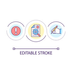 Proofreading loop concept icon. Content editor. Find mistake. Correct text. Check manuscript abstract idea thin line illustration. Isolated outline drawing. Editable stroke. Arial font used