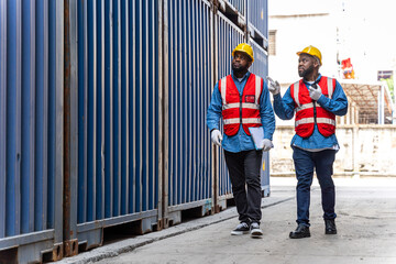 Two male engineers in a container shipping company Consulting to check the order for the container that is responsible