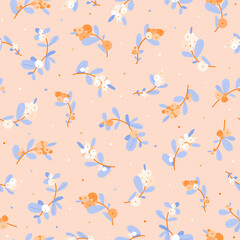 Fototapeta premium Snowberry winter seamless pattern holiday on orange background. Perfect for for print, wrapping paper, fabric, wallpaper, cover