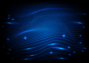 Illustration vector abstract wave motion pattern and dynamic mesh line on a dark blue background, blue light.  Modern futuristic design for background or wallpaper. Digital cyberspace, high tech, tech