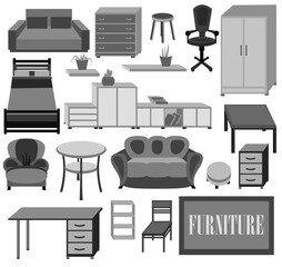 Icons. Furniture. Illustrations of furniture items on a white background. 