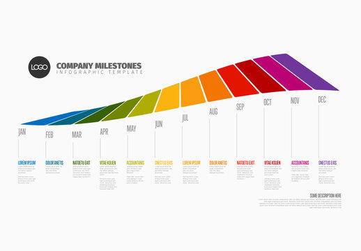 Full year timeline template with diagonal 12 month labels made from rainbow stripes