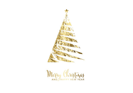 Minimalist modern christmas card with triangle christmas tree made by golden brush on white background