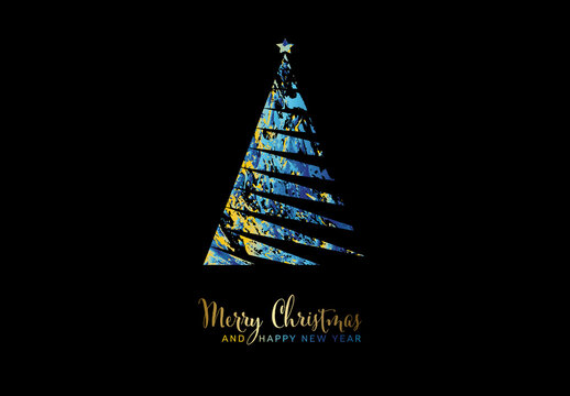 Minimalist modern christmas card with abstract colorful christmas tree on black background