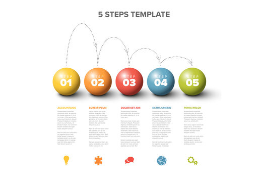 Vector five steps progress template with color balls
