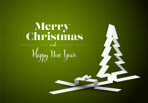 Merry Christmas card with a white tree and gift box made from paper stripes on green background