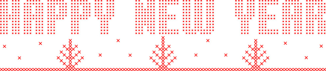 Happy New Year banner in embroidery cross-stitch style.