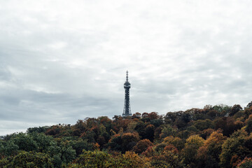 Petrin Tower in autumn scenery viewed from the hill