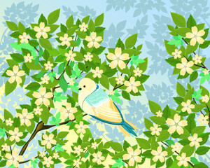 Spring landscape. A bird on a branch with green leaves and yellow flowers. The concept of Easter, spring holidays