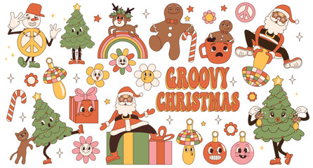 Groovy christmas set, collection of trendy retro hippie stickers. Santa Claus, Christmas tree, gifts, rainbow, peace, holly jolly vibes,  coffee, gingerbread in trendy retro cartoon style. 