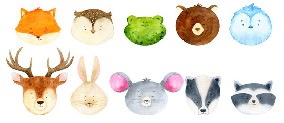 Obraz premium Collection watercolor forest animals. Baby animal portrait. Woodland animal head set. Bear, deer, owl watercolor graphics. Nursery kid clip art, educational cards. Children illustration, cute graphics