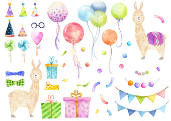 Birthday illustration clip art, holiday graphics collection, party background, watercolor colorful balloons and confetti illustration, alpaca llama graphics, gift box isolated, candies watercolor
