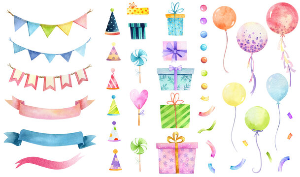 Birthday illustration clip art, holiday graphics collection, party background, watercolor colorful balloons and confetti illustration, carnival greeting graphics, gift box isolated, candies watercolor