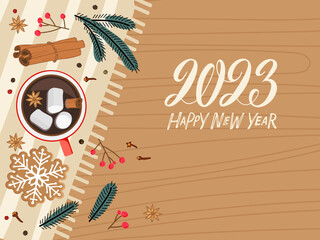 Happy New Year greeting. Top view table. Hot drink cup standing on napkin. Hot chocolate, gingerbread, cinnamon, clove. Winter flat Vector illustration in flat style with calligraphy lettering