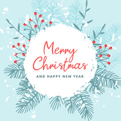 Merry Christmas background with Christmas tree branches, red berries and snow texture. Editable vector template for greeting card, invitation, social media post, poster, mobile apps, web ad