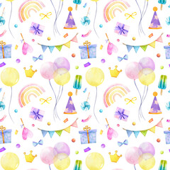 Birthday seamless pattern, holiday graphics, party background, watercolor colorful balloons and confetti illustration, carnival greeting graphics, gift box isolated