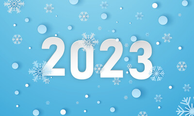 Merry Christmas and happy new year paper cut concept. Merry Christmas and happy new year 2023 and snowflakes paper cut concept on blue background. Vector illustration. Paper cut and craft style.
