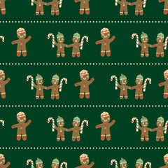 Cute gingerbread men, candy canes vector pattern background. Traditional Christmas smiling laughing cookie character motifs on dark green backdrop. Fun festive hand drawn naive style for Holidays.