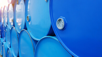 Chemicals drum, chemistry-related plastic containers, and metal-framed plastic barrels stock...