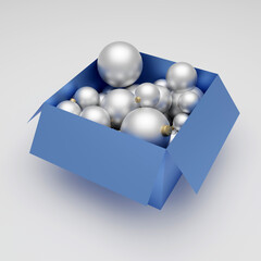 White Christmas balls, shiny ornaments in box, 3d rendering. concept for happy new year and christmas