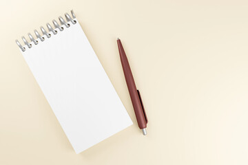 White notepad with brown pen. Minimal 3d illustration on soft beige background top view