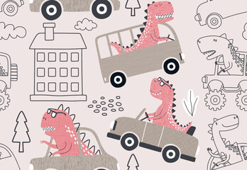 seamless pattern with cute dinosaur driving cars.