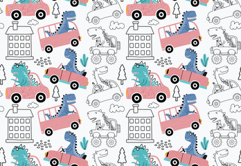 seamless pattern with cute dinosaur driving cars.