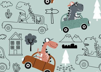 seamless pattern with cute dinosaur driving cars. © andin
