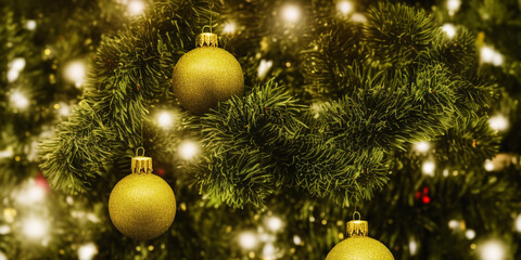 Christmas Tree With Glittering Golden Holiday Ornaments On Fir Branches In Front of Defocused, Shimmering Lights	
