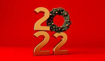 Happy new year 2022 gold text with festive fir branch wreath. 3D Rendering