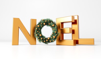 Happy Christmas Noel gold text with festive fir branch wreath. 3D Rendering