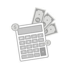 Calculator with coins and bank notes for banks and finance companies.