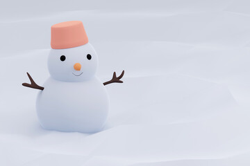 3D rendering of snowman on light snow background