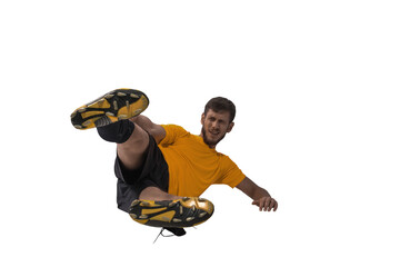 Football player slides to hinder the opponent soccer player during the match