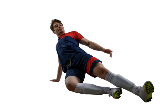 Football player slides to hinder the opponent soccer player during the match