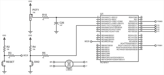 Vector electrical schematic diagram of a digital
electronic device with a motor, operating under the control of a microcontroller.
