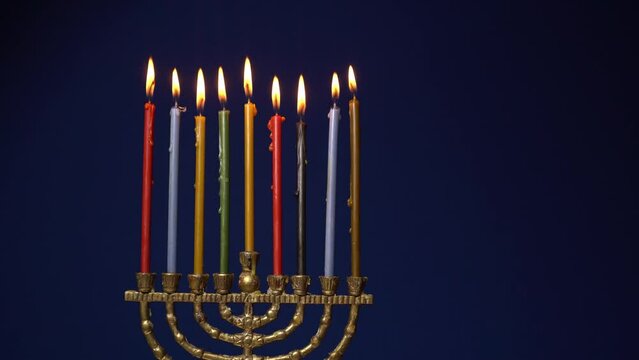 Menorah For Hanukkah. The eighth Night of Hanukkah. Nine candles in the menorah. Chanukah is the Jewish Festival of Lights